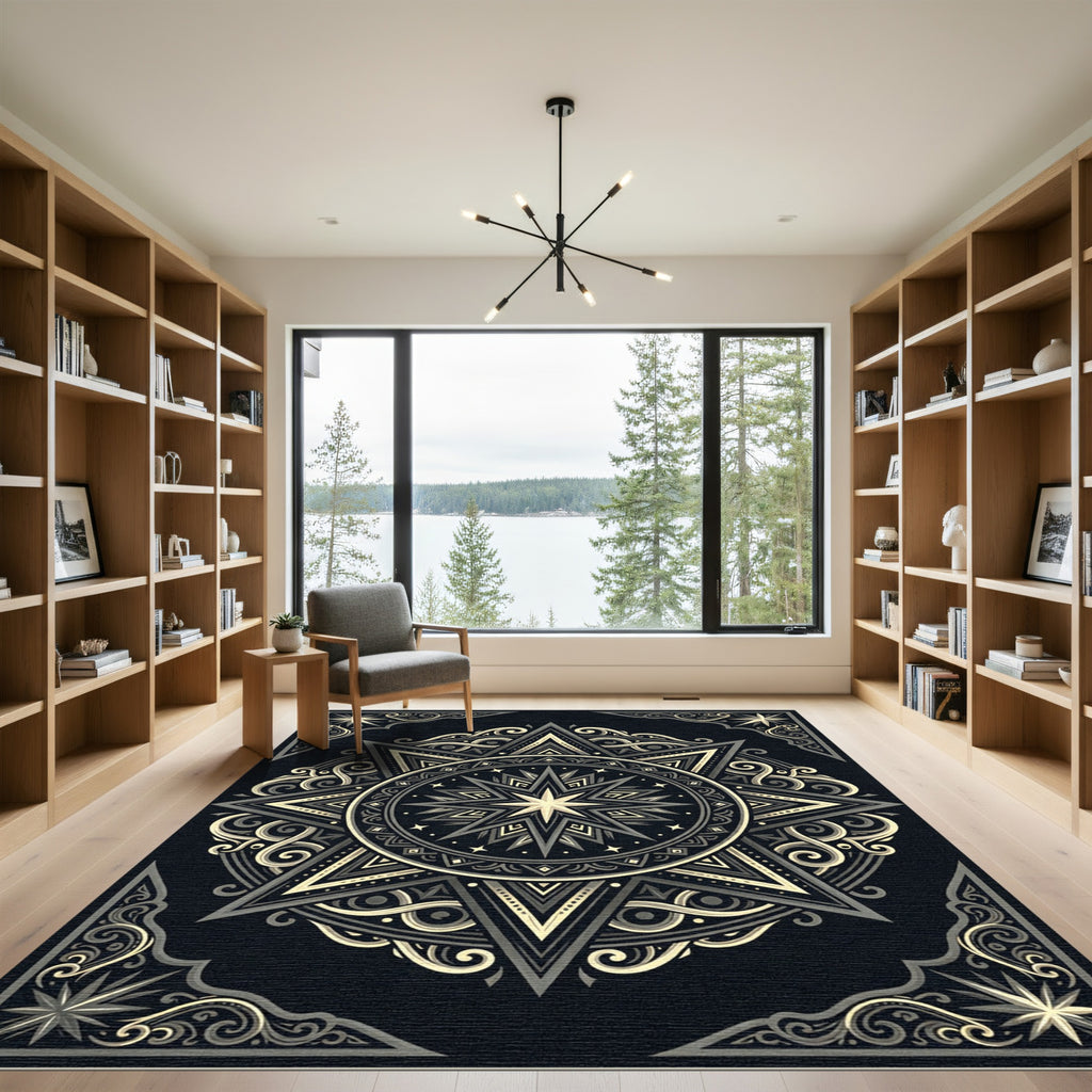 Celestial Monochrome Starburst Geometric Medallion Rug