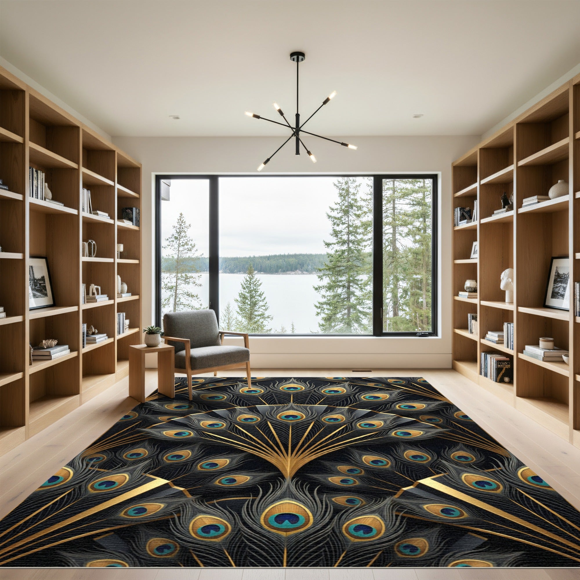 Elegant Black and Gold Peacock Fan Rug