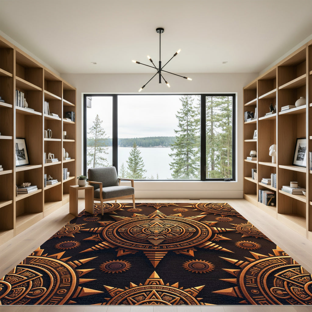 Golden Aztec Sun Medallion Embossed Area Rug