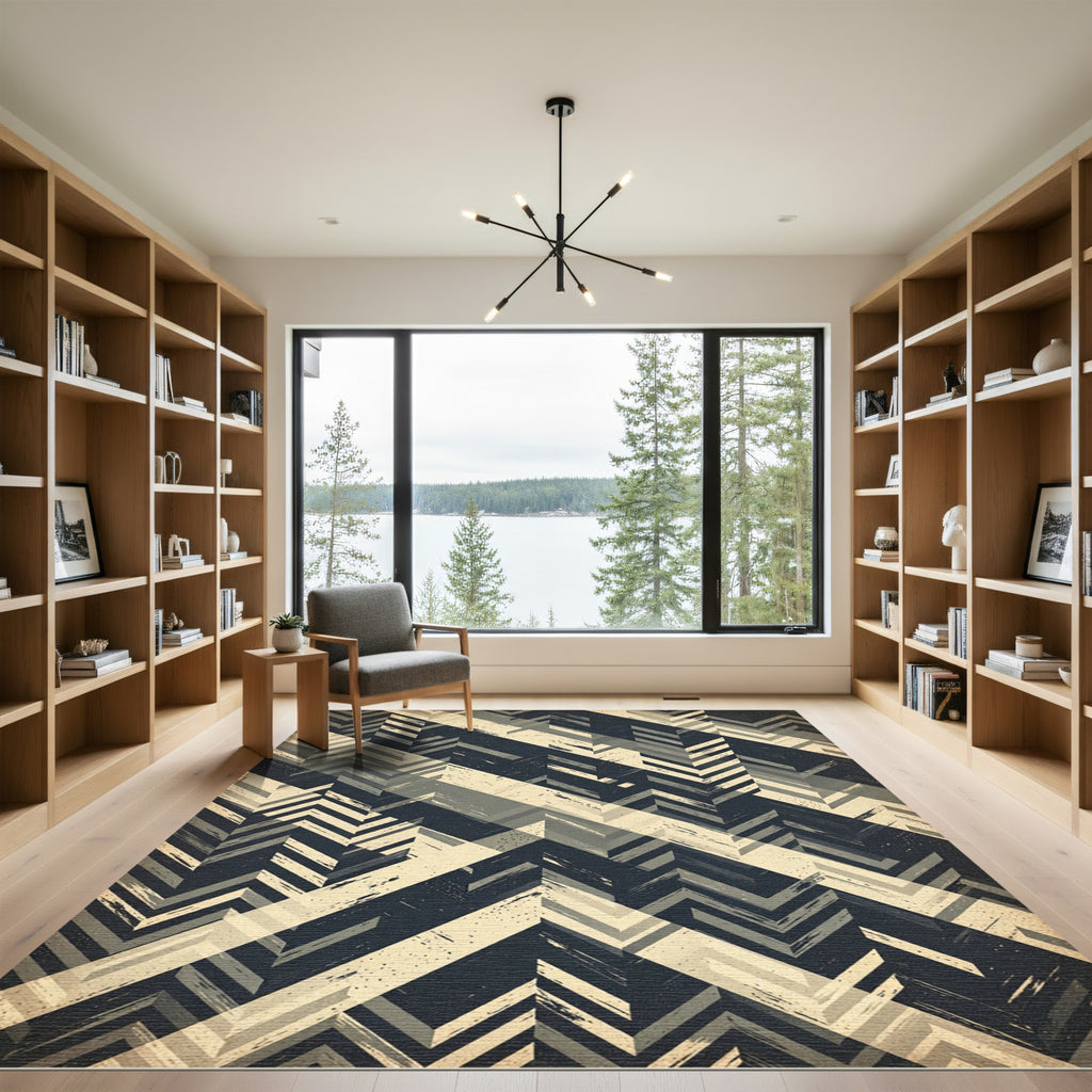 Charcoal and Cream Chevron Geometric Rug