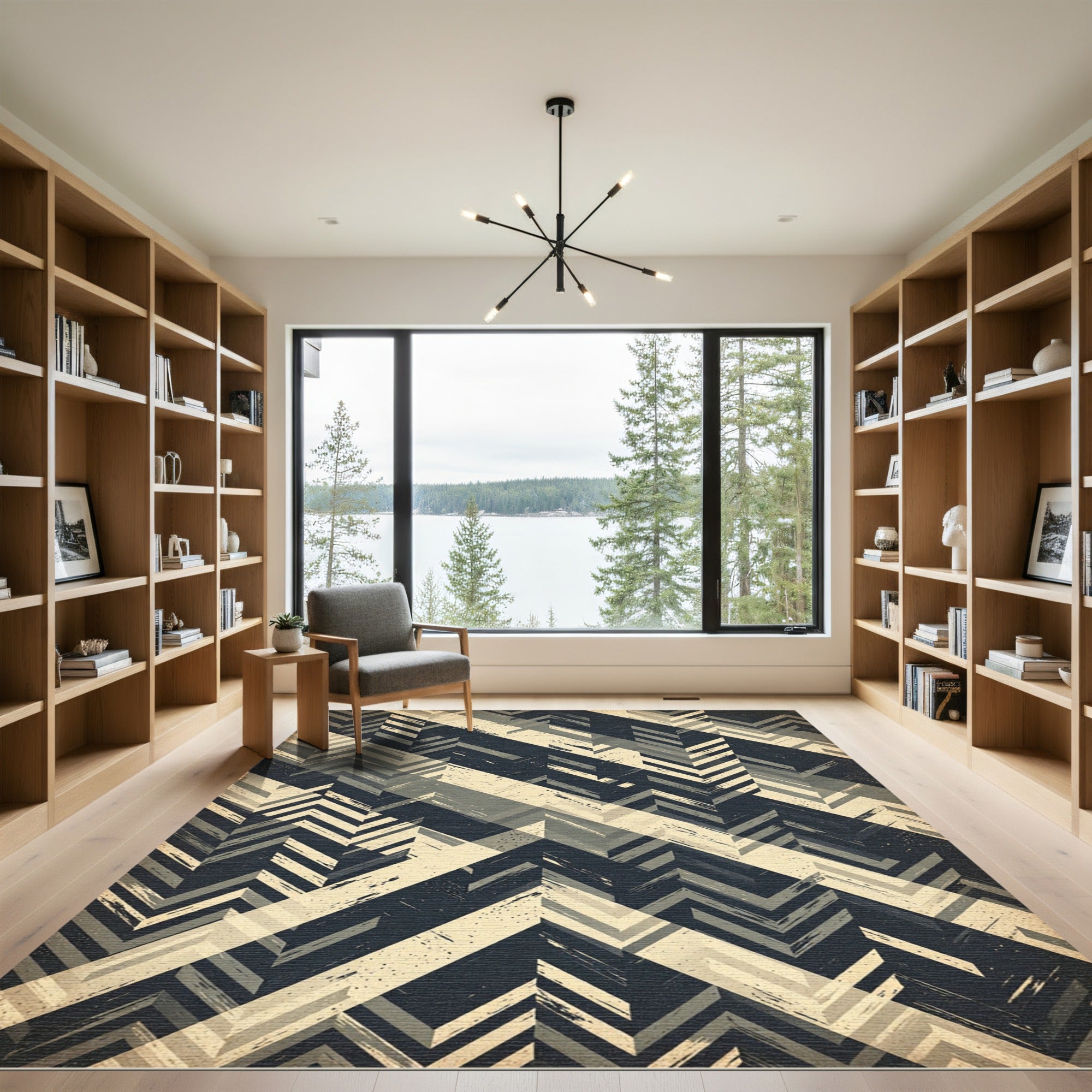 Charcoal and Cream Chevron Geometric Rug