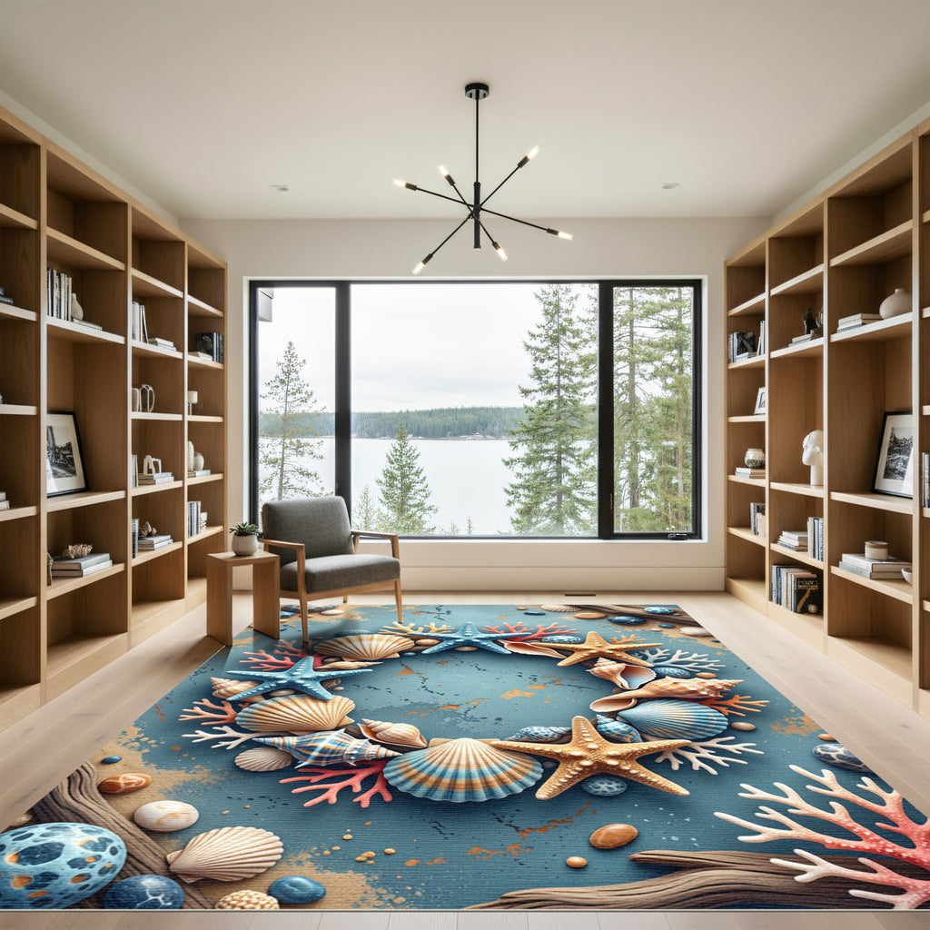 Ocean Life Seashell Starfish Coral Ring Rug