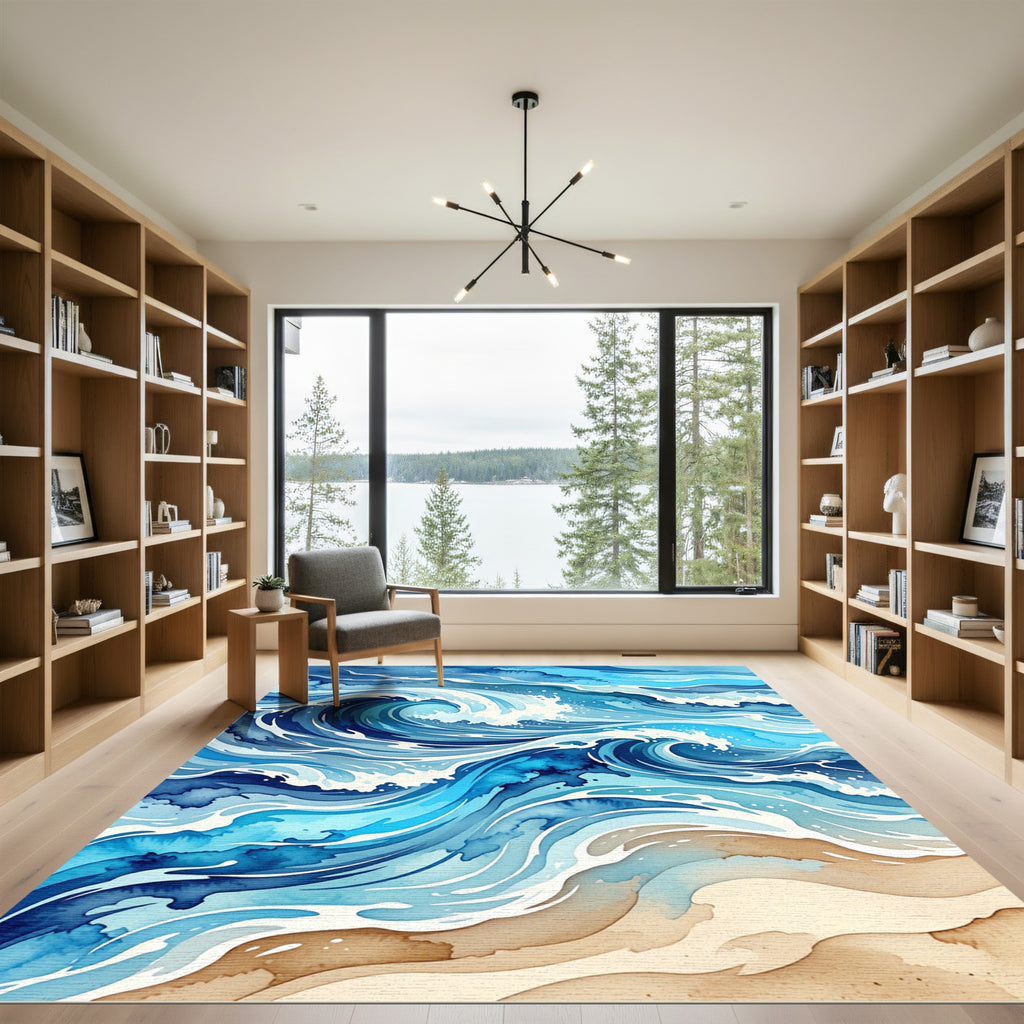 Abstract Ocean Wave Blue Tonal Rug