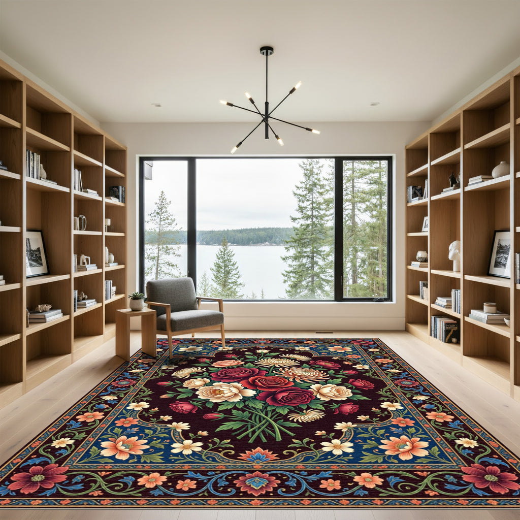 Dark Floral Bouquet Ornate Medallion Art Rug