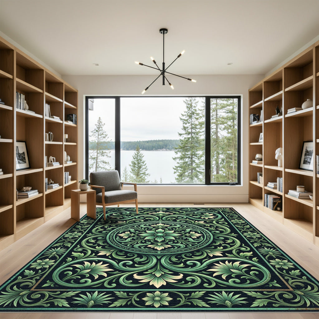 Ornate Green Leaf Scrollwork Rug