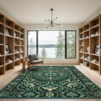 Ornate Green Leaf Scrollwork Rug