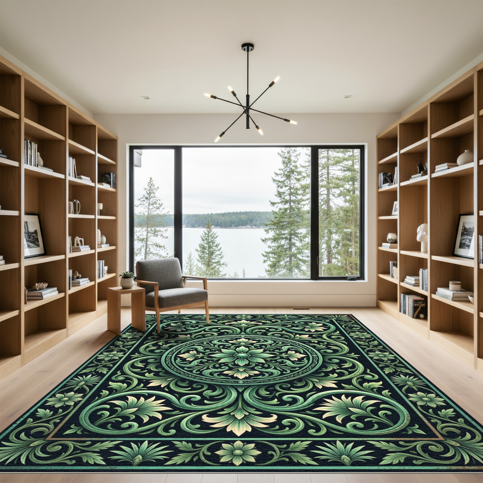 Ornate Green Leaf Scrollwork Rug