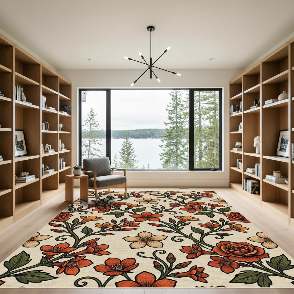 Vintage Terracotta Floral Botanical Wallpaper Rug