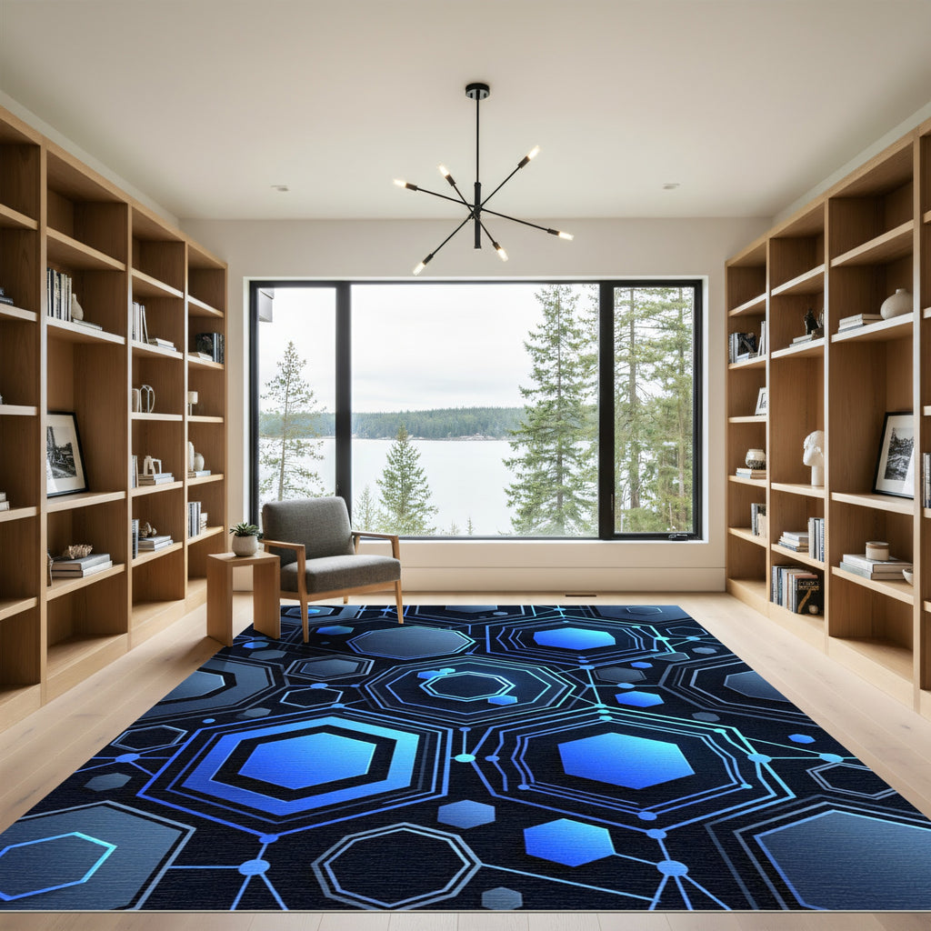 Modern Blue Neon Geometric Hexagon Rug