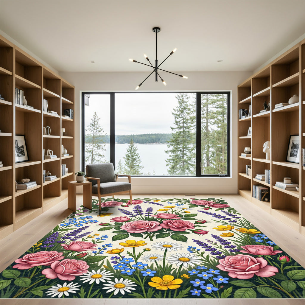 Romantic Pink Rose Lavender Meadow Garden Rug