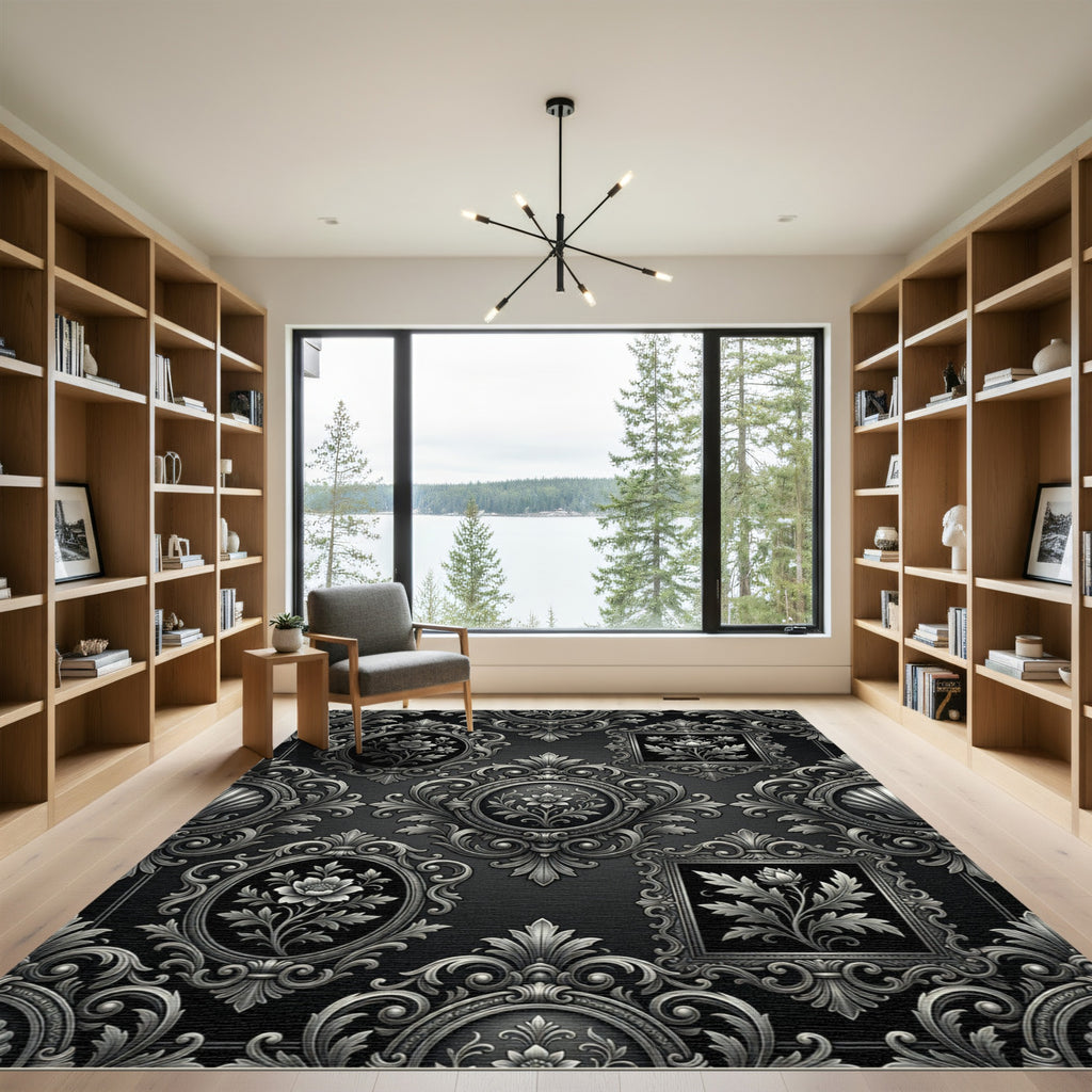 Ornate Black Floral Oval Frame Rug