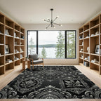 Ornate Black Floral Oval Frame Rug