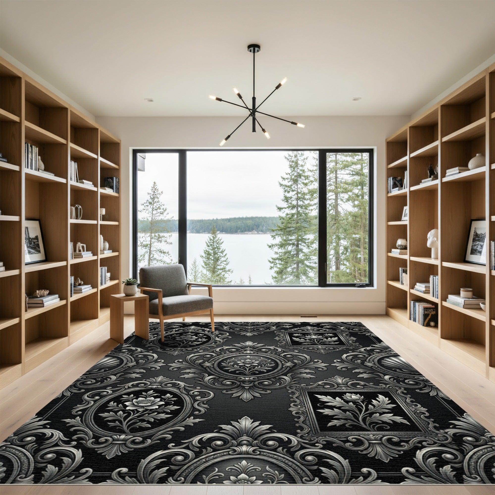 Ornate Black Floral Oval Frame Rug