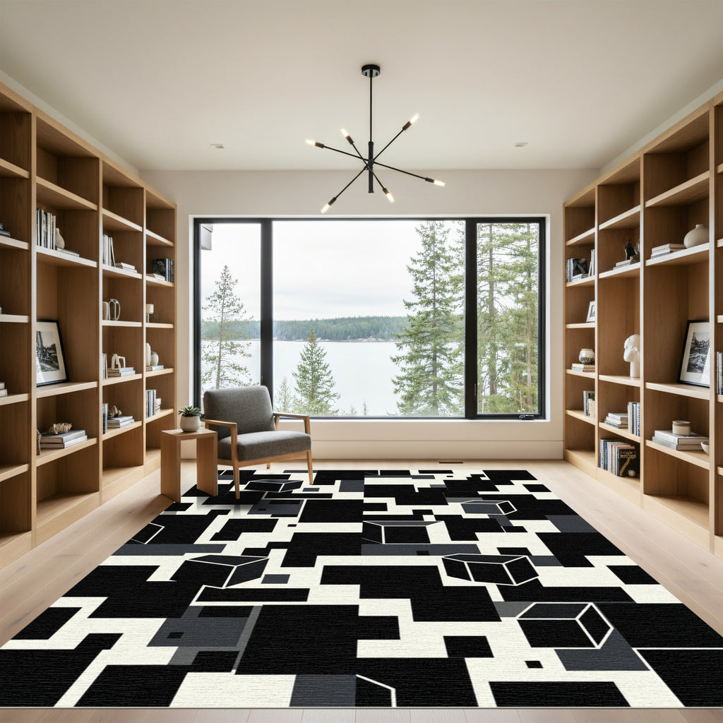 Monochrome 3D Cubes Geometric Collage Rug