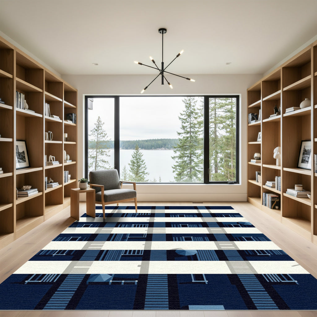 Modern Navy Geometric Architectural Grid Rug