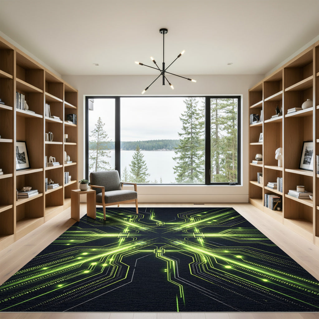 Neon Cybernetic Circuit Grid Abstract Area Rug