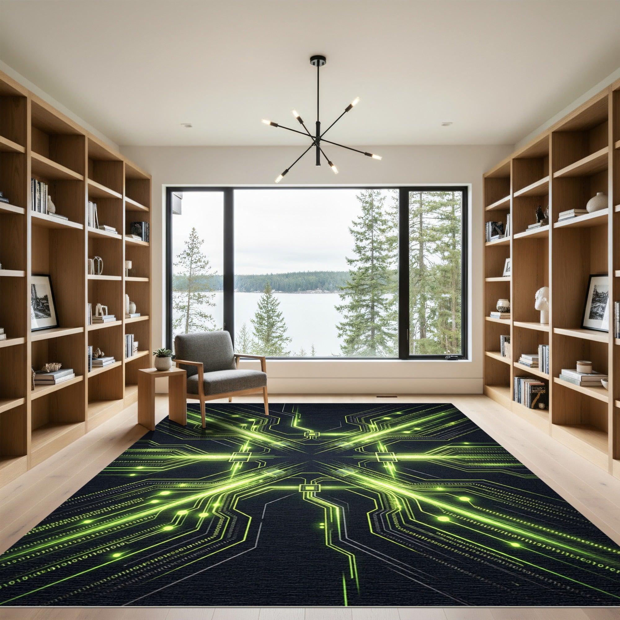 Neon Cybernetic Circuit Grid Abstract Area Rug
