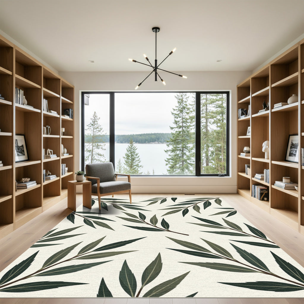 Minimalist Olive Green Botanical Leaf Rug