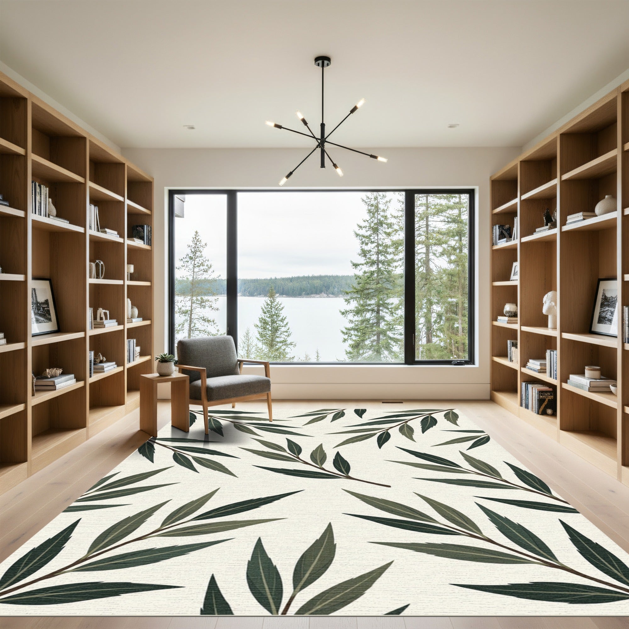 Minimalist Olive Green Botanical Leaf Rug