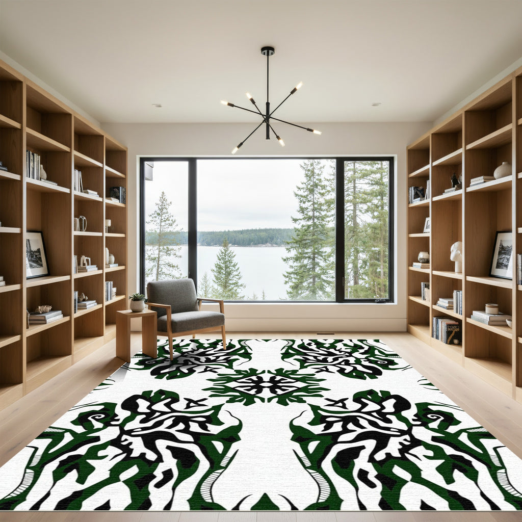 Abstract Emerald Black White Symmetry Rug