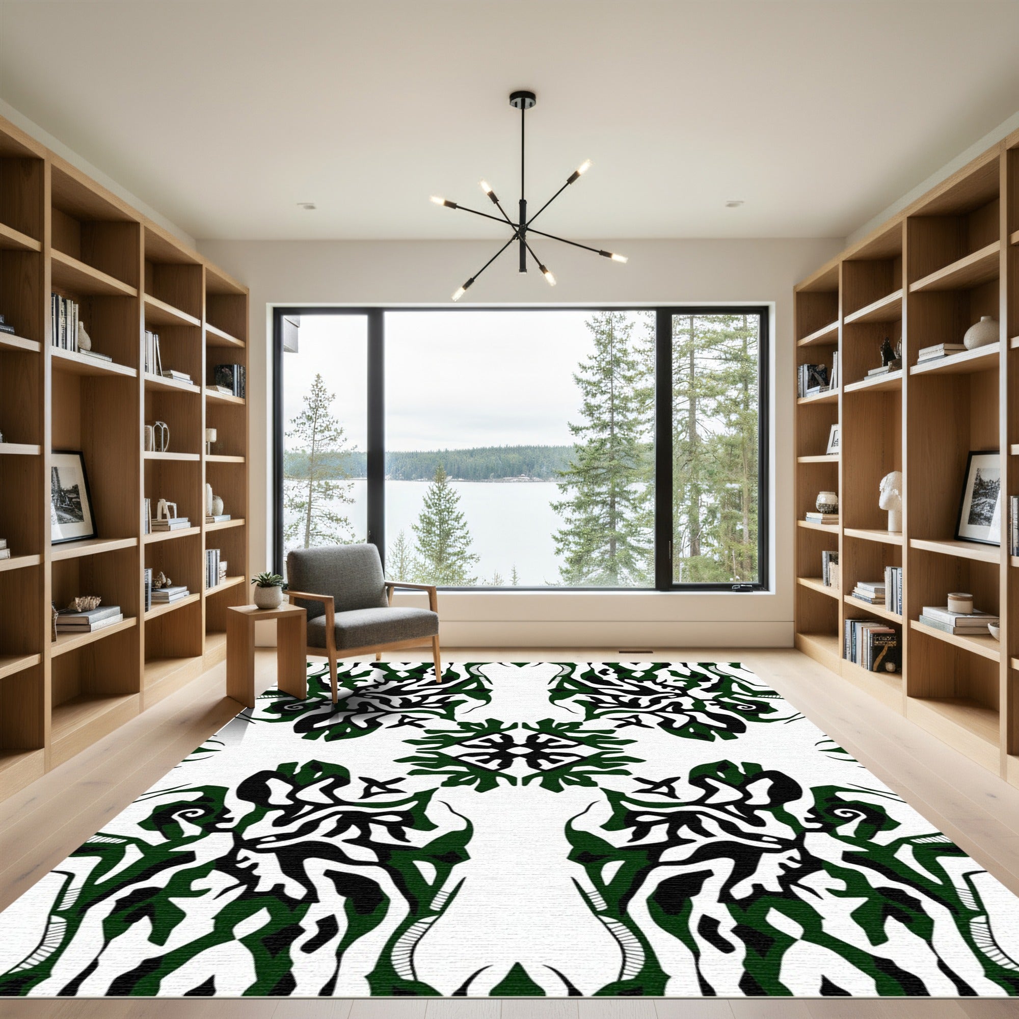 Abstract Emerald Black White Symmetry Rug
