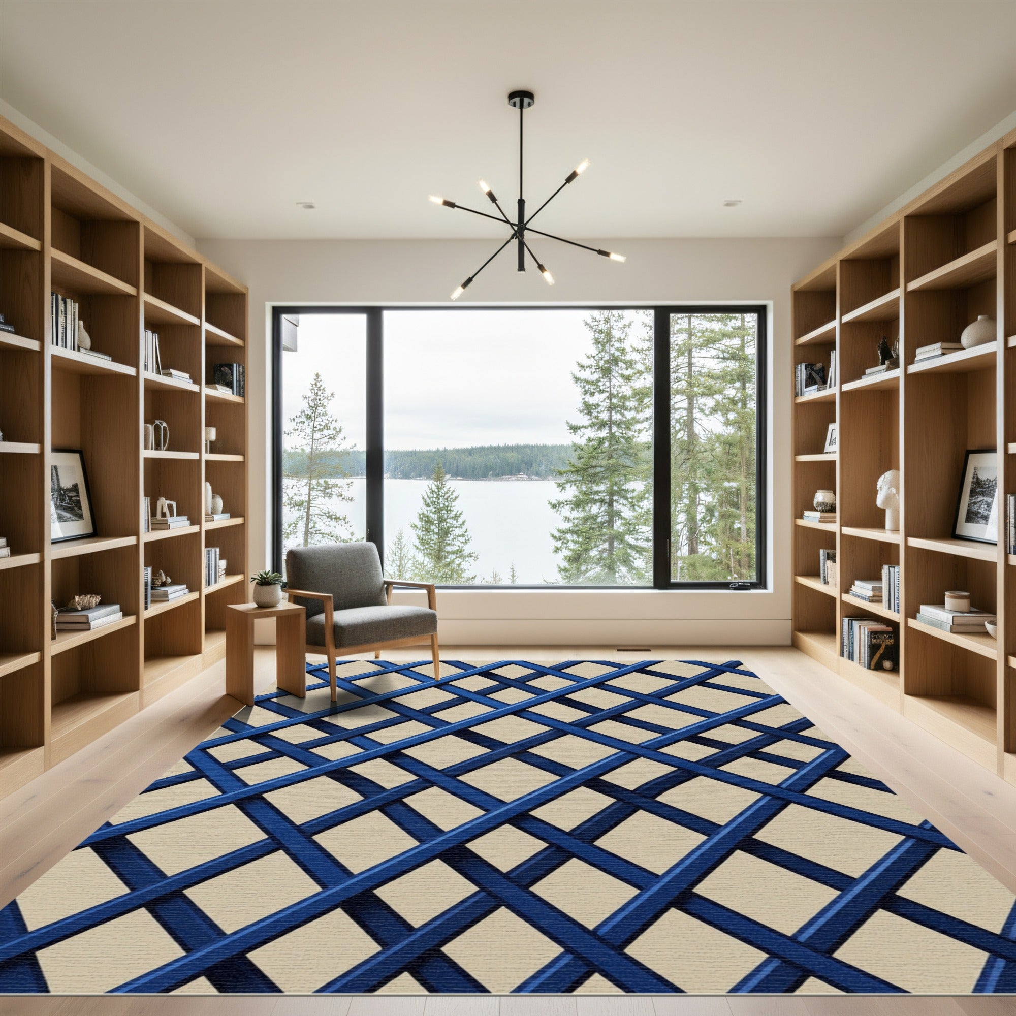 Bold Navy Blue Intersecting Grid Rug