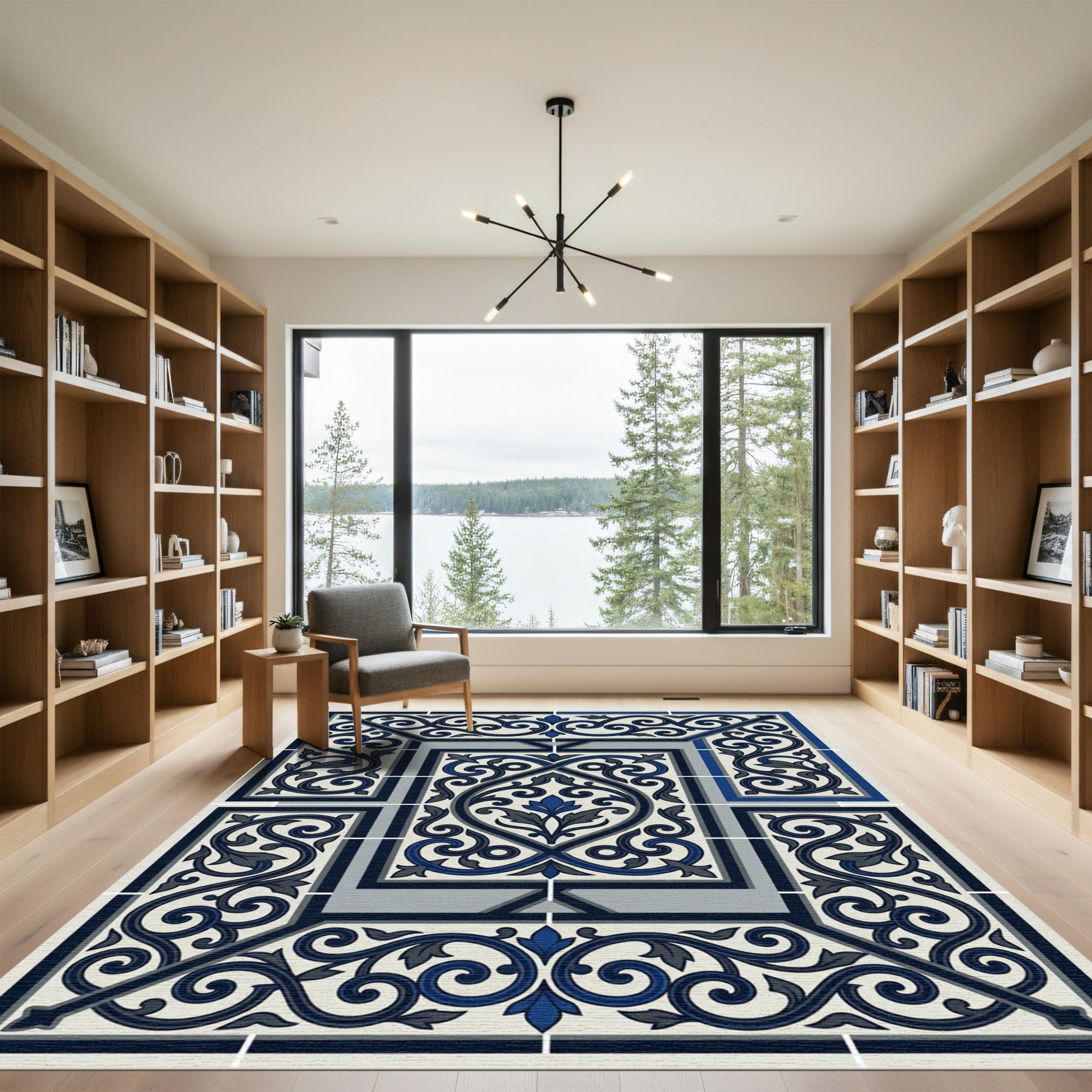 Classic Navy Blue Flourish Scroll Tile Rug