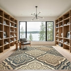 Elegant Cream and Teal Ornate Scrollwork Rug