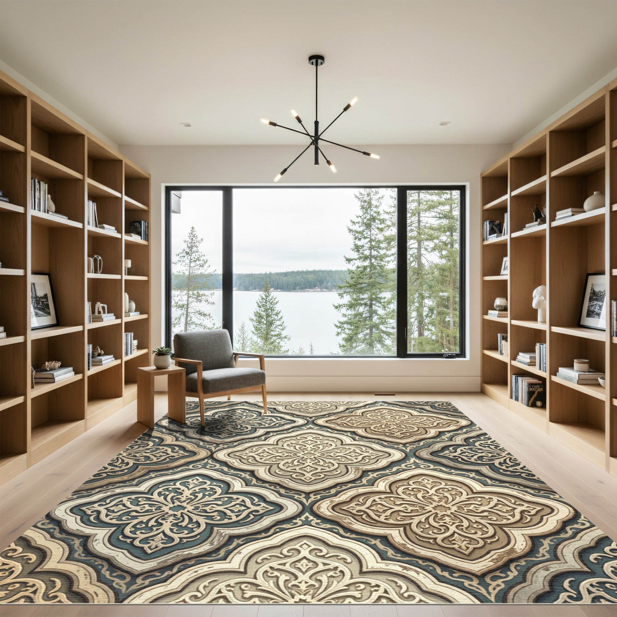 Elegant Cream and Teal Ornate Scrollwork Rug