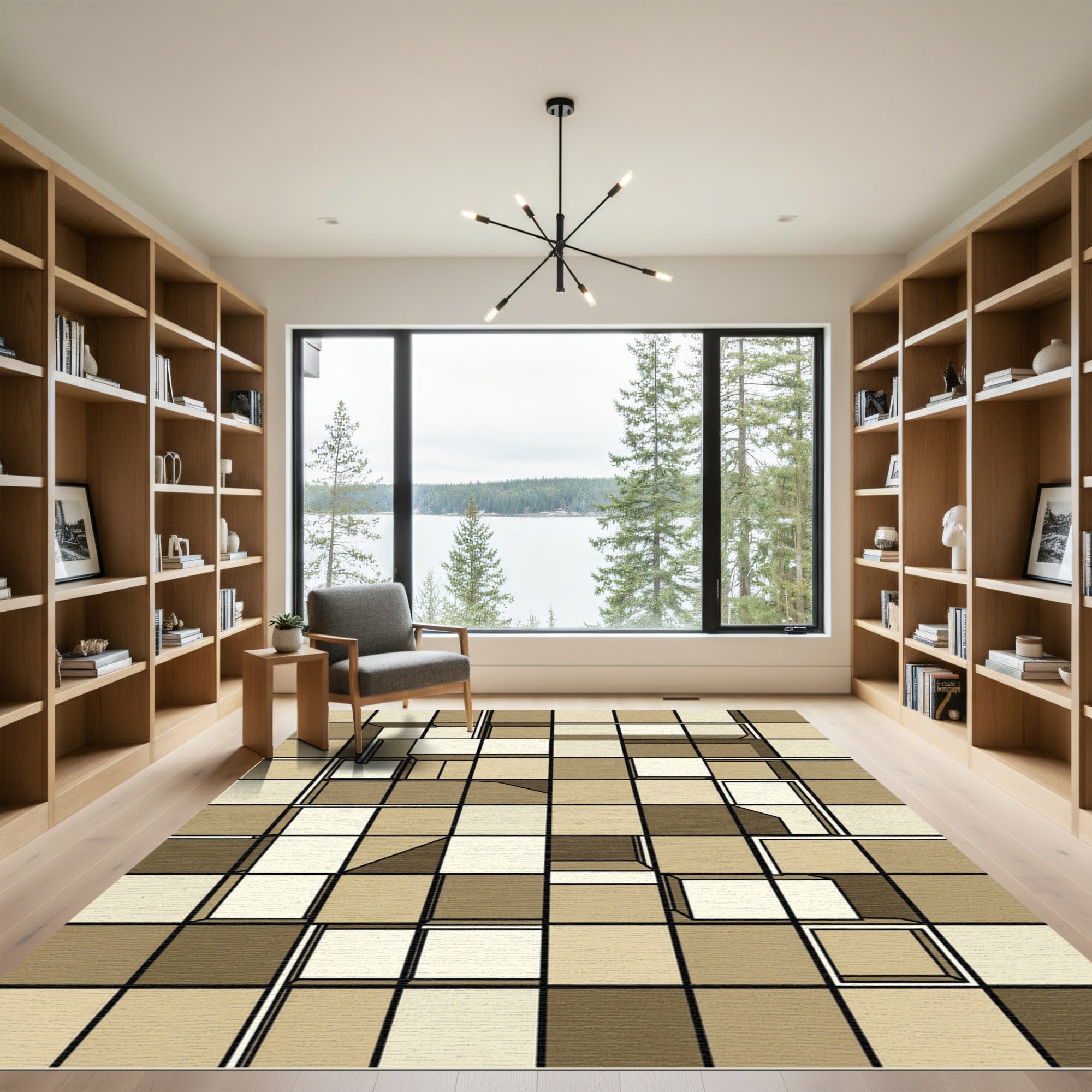 Abstract Neutral Toned Geometric Block Grid Rug