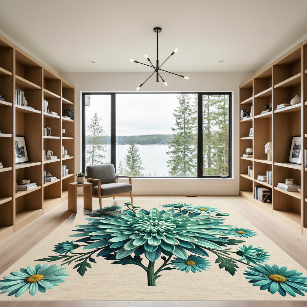 Sophisticated Teal Chrysanthemum Botanical Illustration Rug