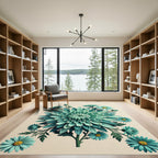 Sophisticated Teal Chrysanthemum Botanical Illustration Rug