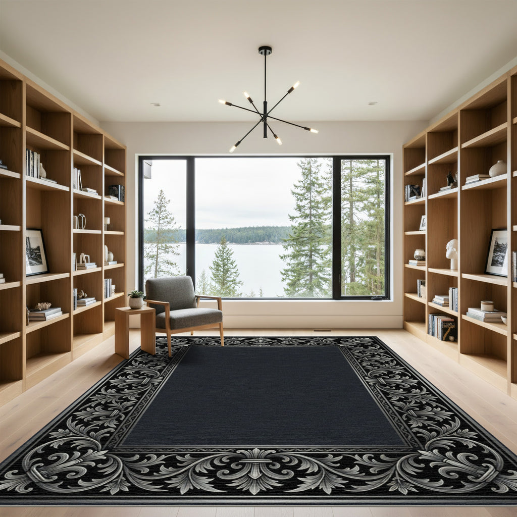 Ornate Charcoal Silver Acanthus Scroll Rug