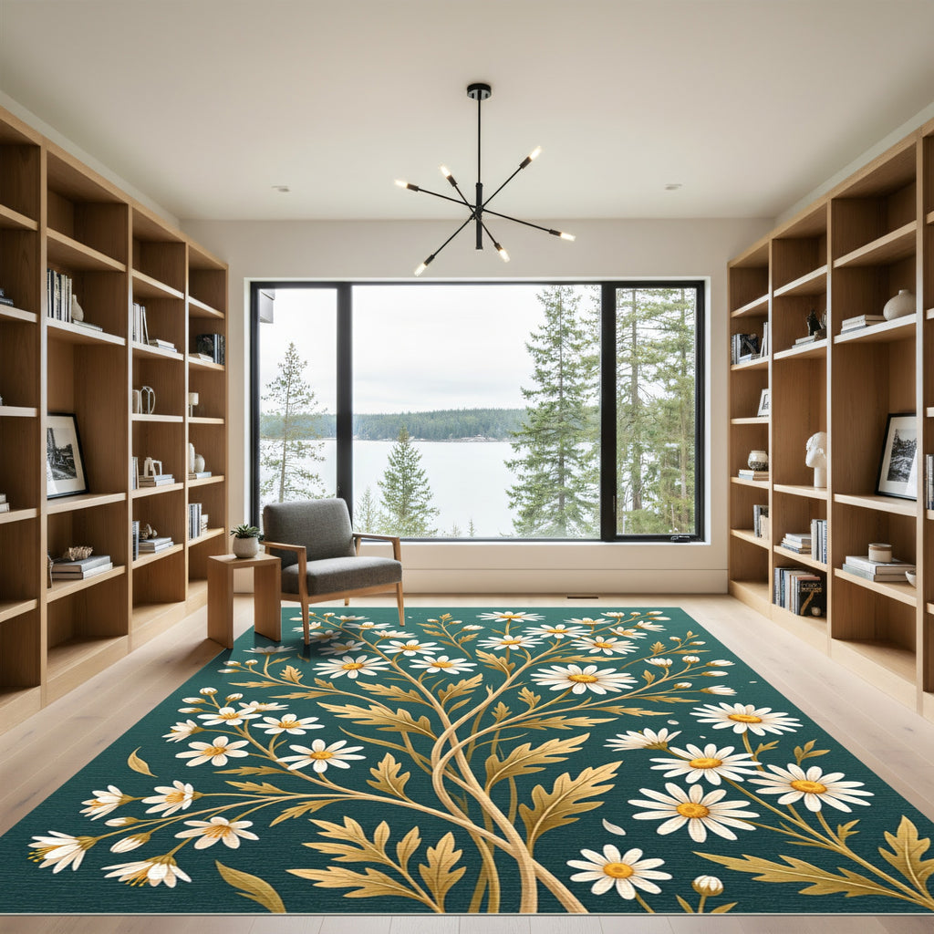 Elegant White Daisy Golden Botanical Teal Rug