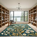 Elegant White Daisy Golden Botanical Teal Rug