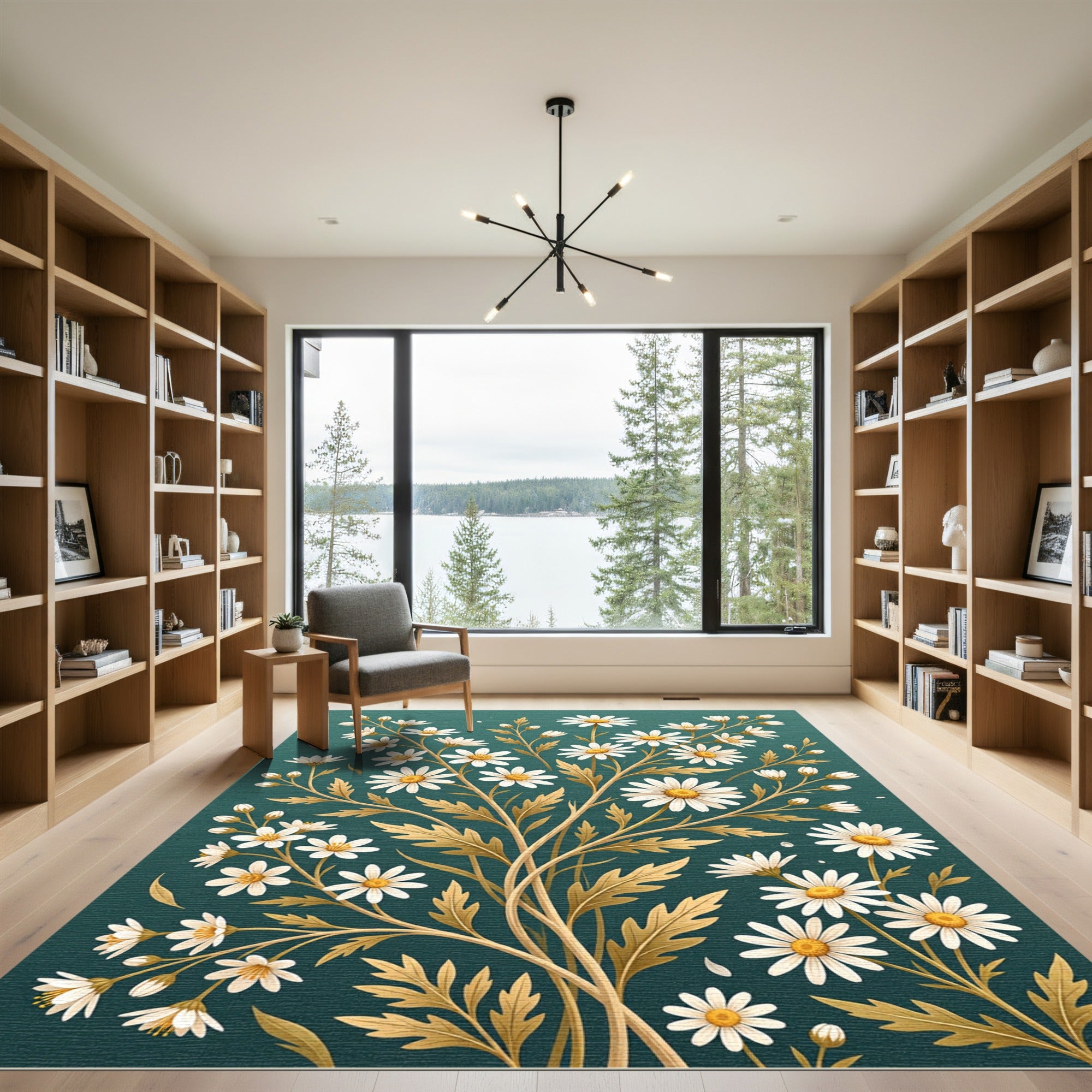Elegant White Daisy Golden Botanical Teal Rug