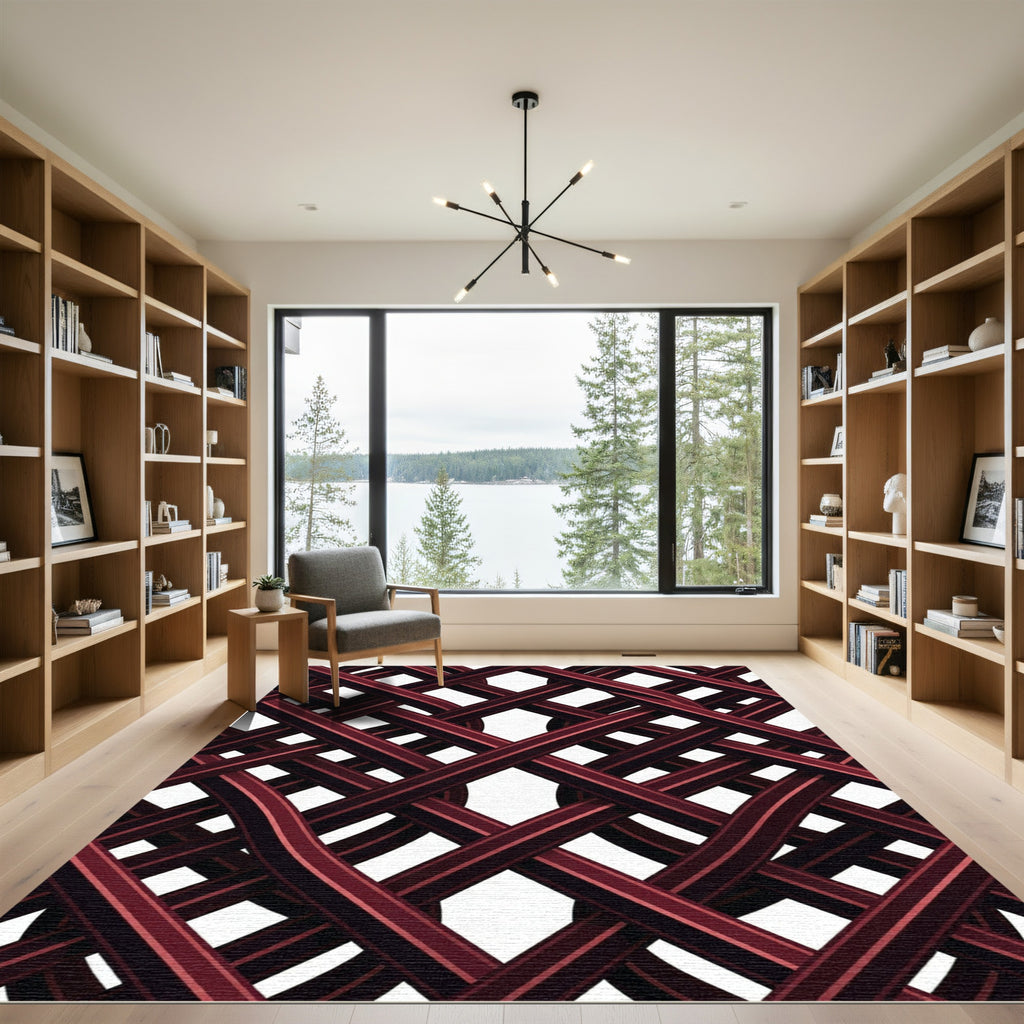 Deep Crimson Interlocking Lattice Weave Rug