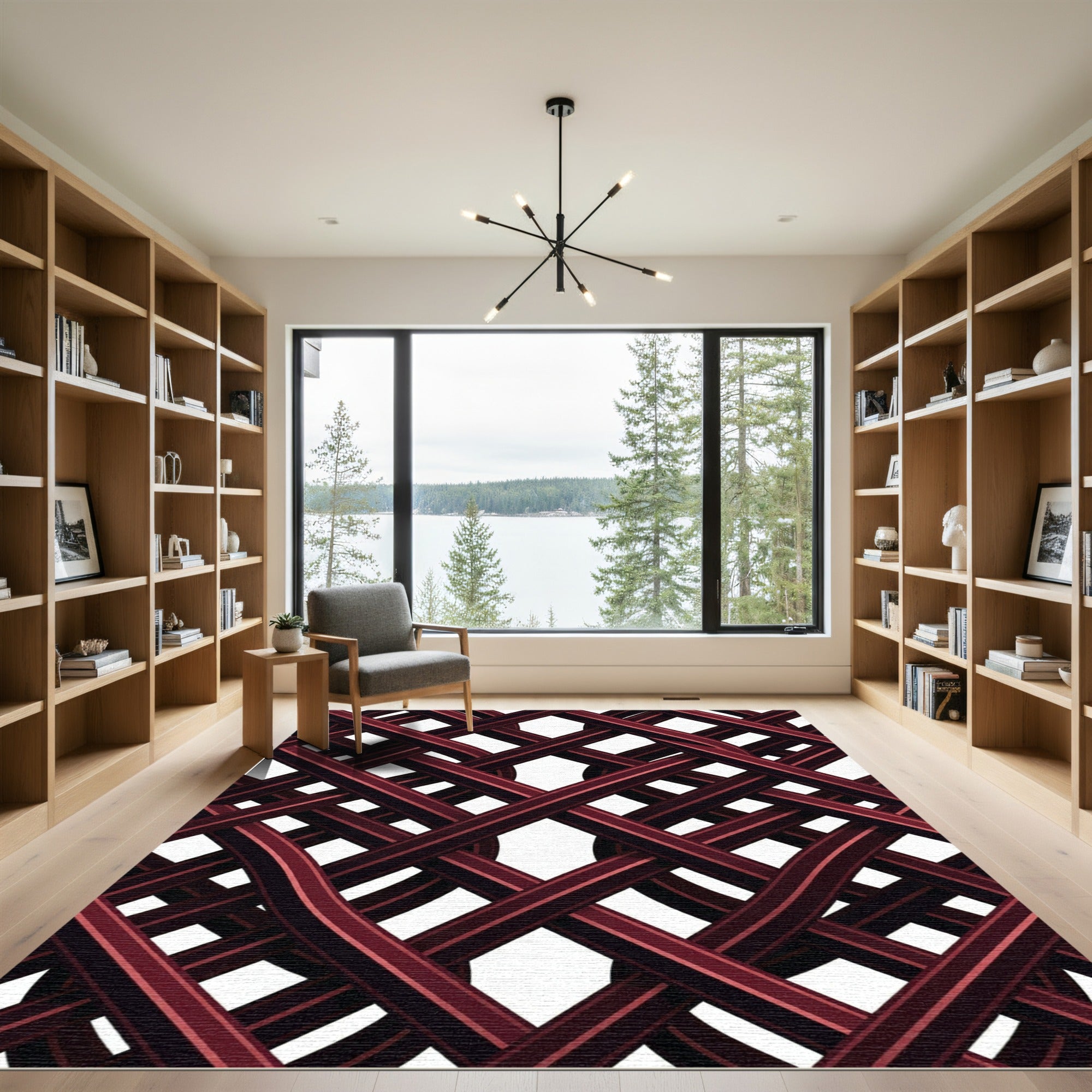 Deep Crimson Interlocking Lattice Weave Rug