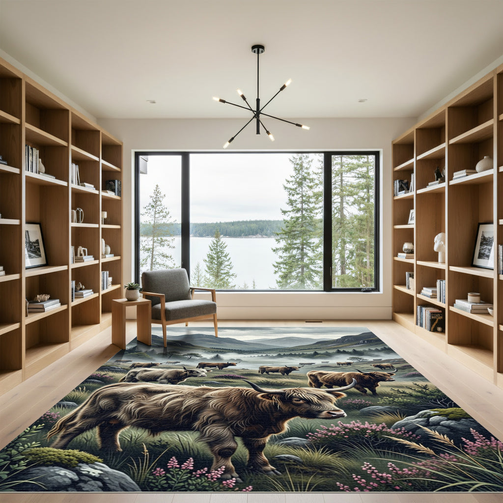 Highland Cattle Misty Mountain Landscape Rug