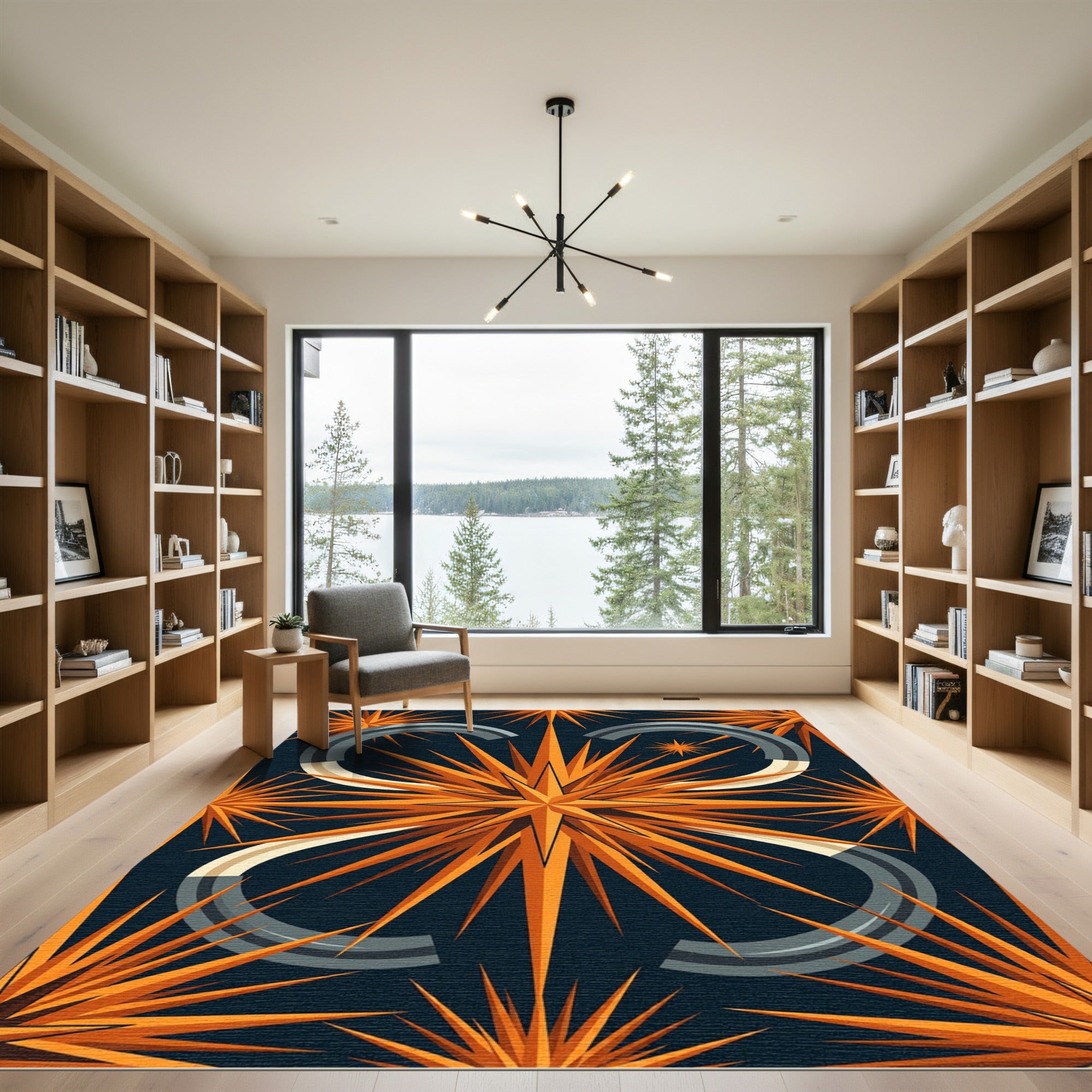 Golden Starburst Abstract Geometric Navy Rug