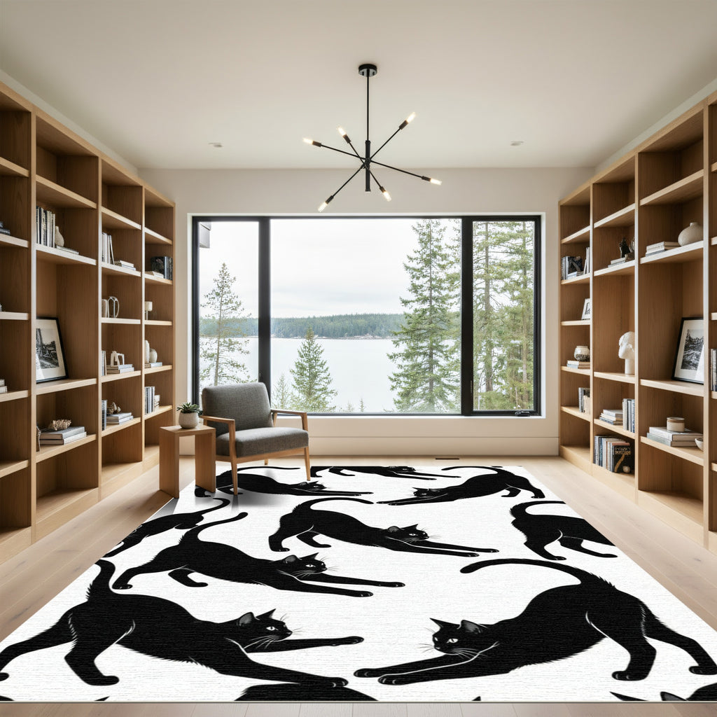 Black Cats Stretching Abstraction Rug