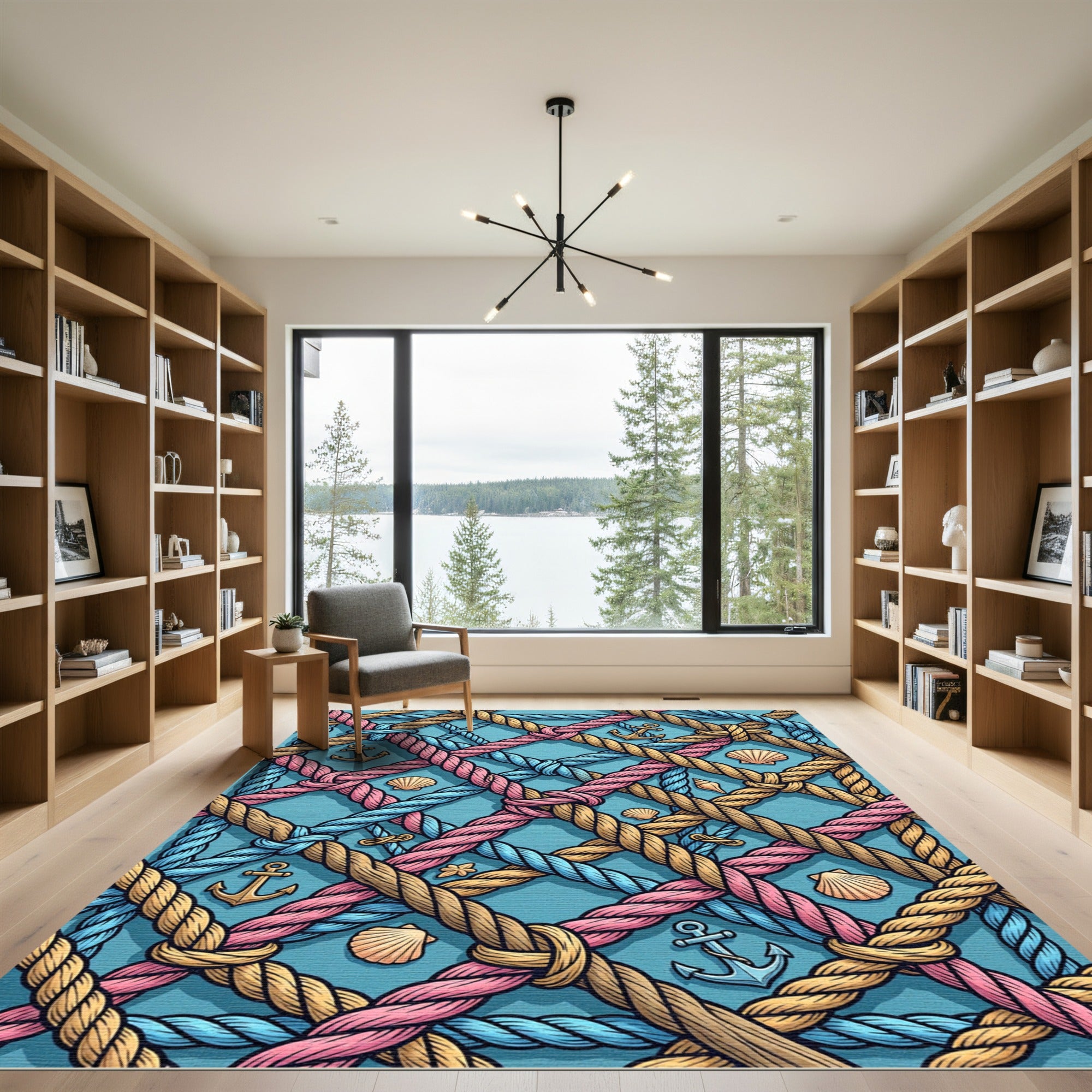 Nautical Rope Anchor Sea Shell Grid Rug