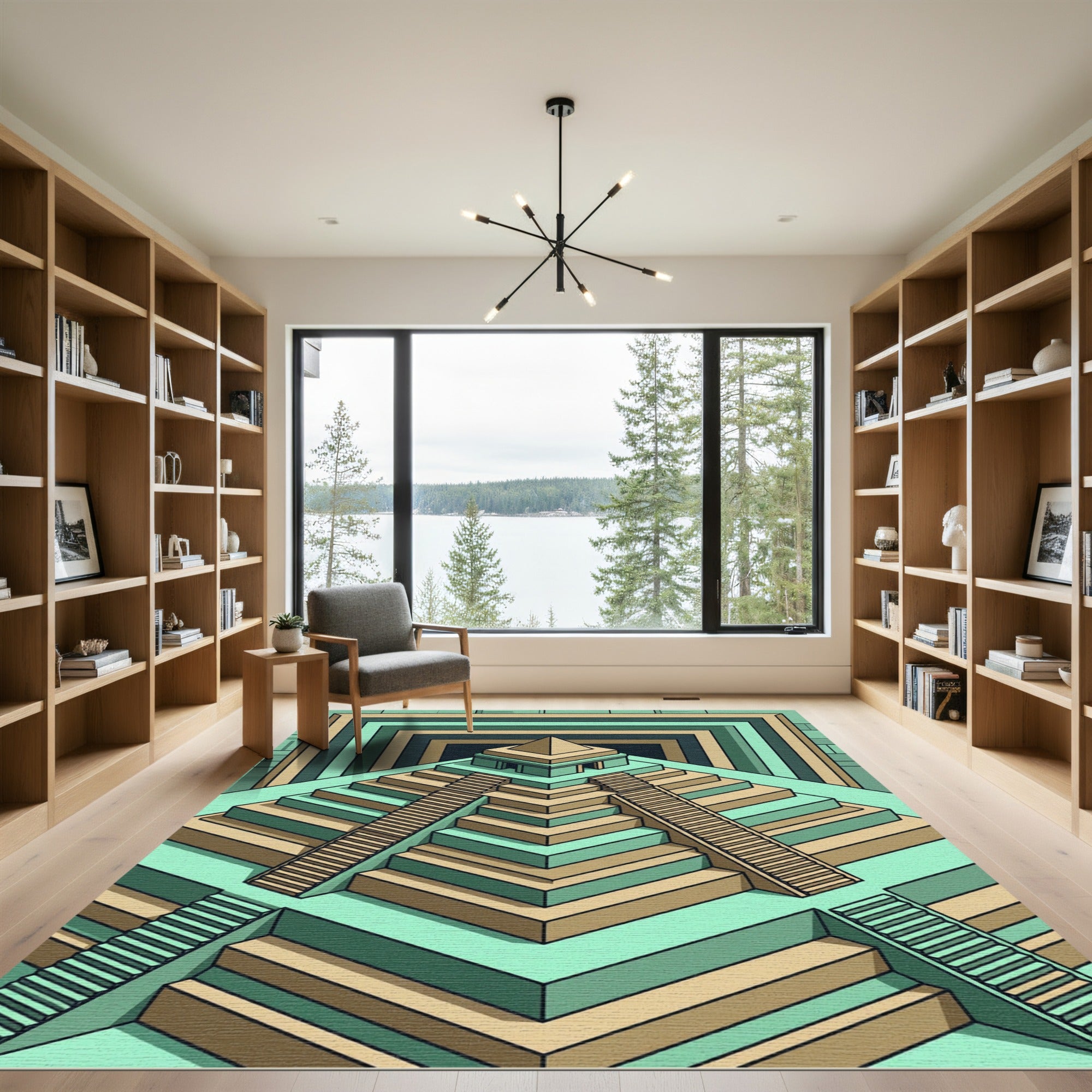 Isometric Teal Step Pyramid Geometric Art Rug