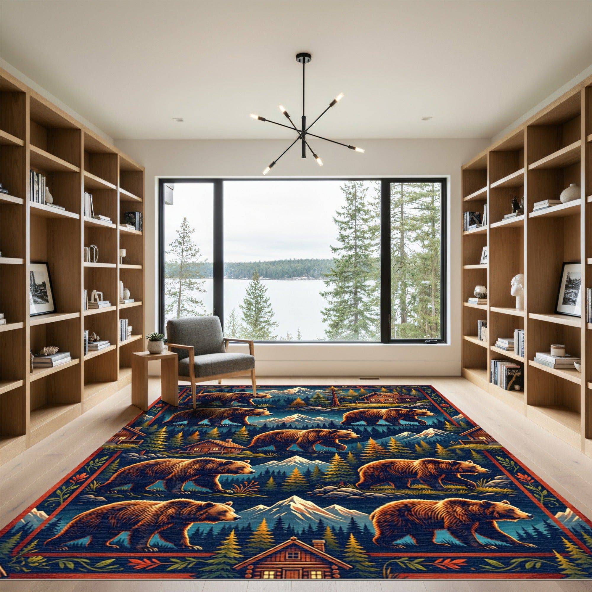 Rustic Grizzly Bear Mountain Cabin Illustration Rug