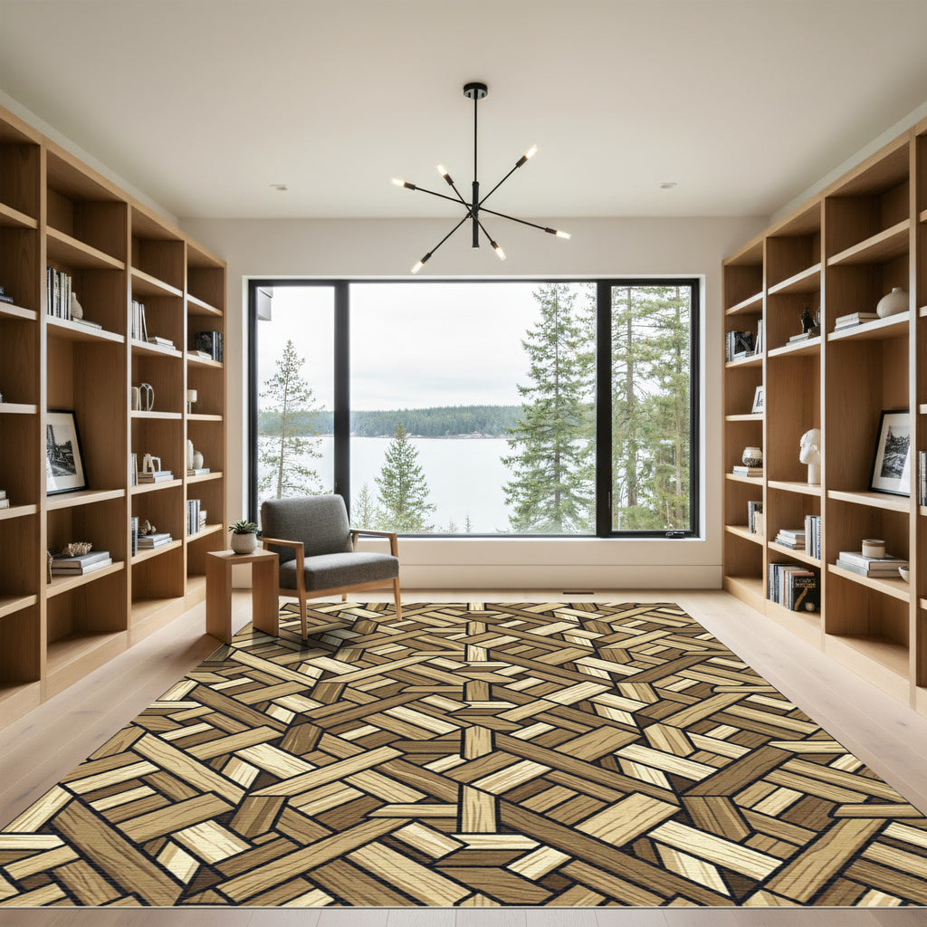Woven Natural Wood Grain Geometric Interlace Rug