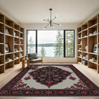 Crimson Floral Medallion on Charcoal Grey Rug