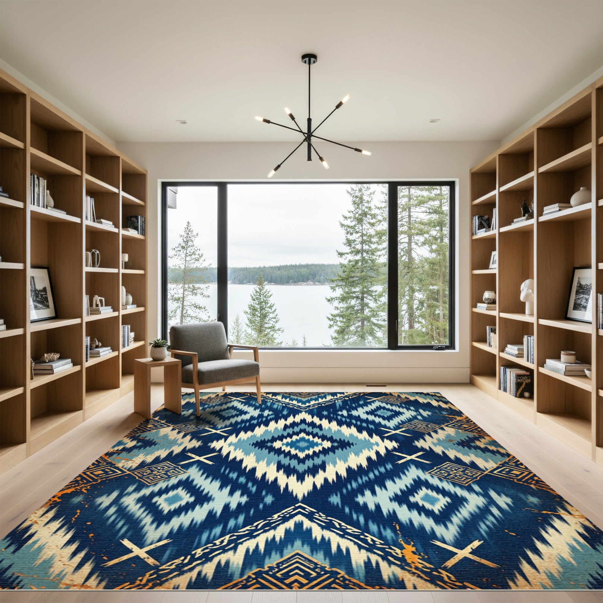 Grand Indigo Geometric Ikat Diamond Rug