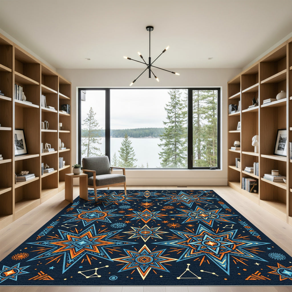 Celestial Starburst Orange Blue Medallion Rug