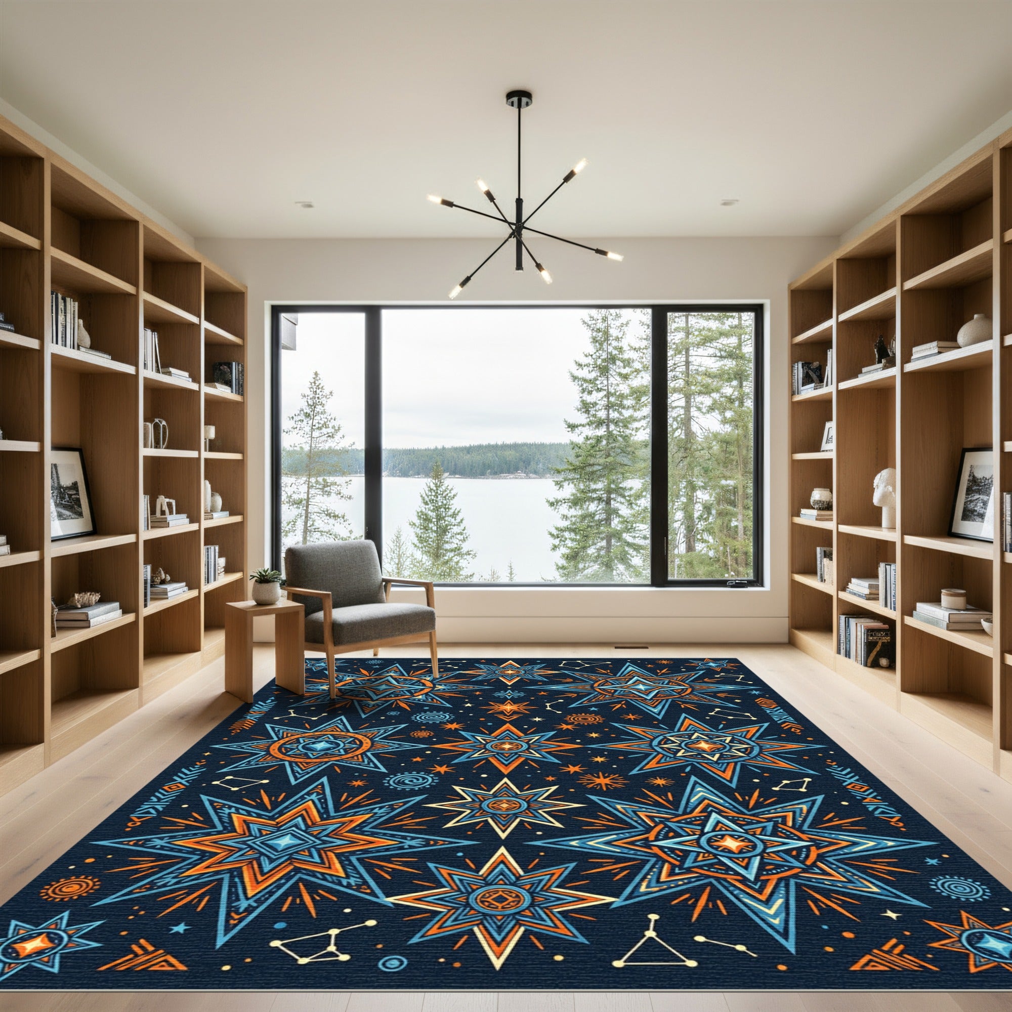 Celestial Starburst Orange Blue Medallion Rug