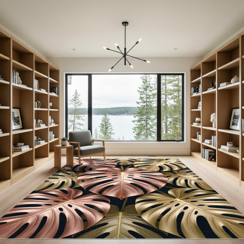 Rose Gold Metallic Monstera Tropical Leaves Rug